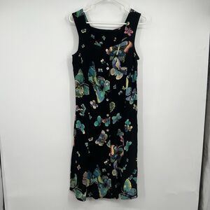 Womens Sleeveless Shift Dress Midi Colorful Butterflies Iridescent Buttons Fairy
